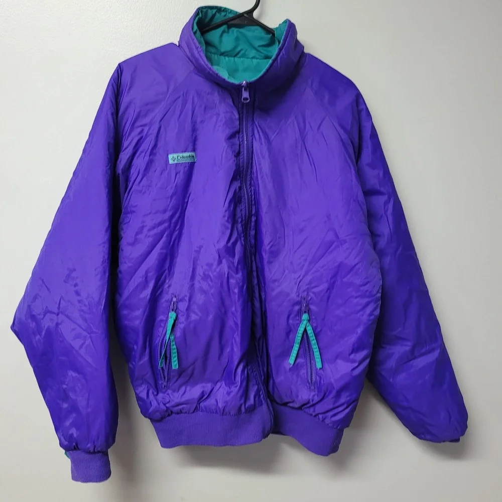 Columbia Vintage Reversible Jacket Mens Large Teal Purple Radial Sleeve Vintage - Picture 6 of 13